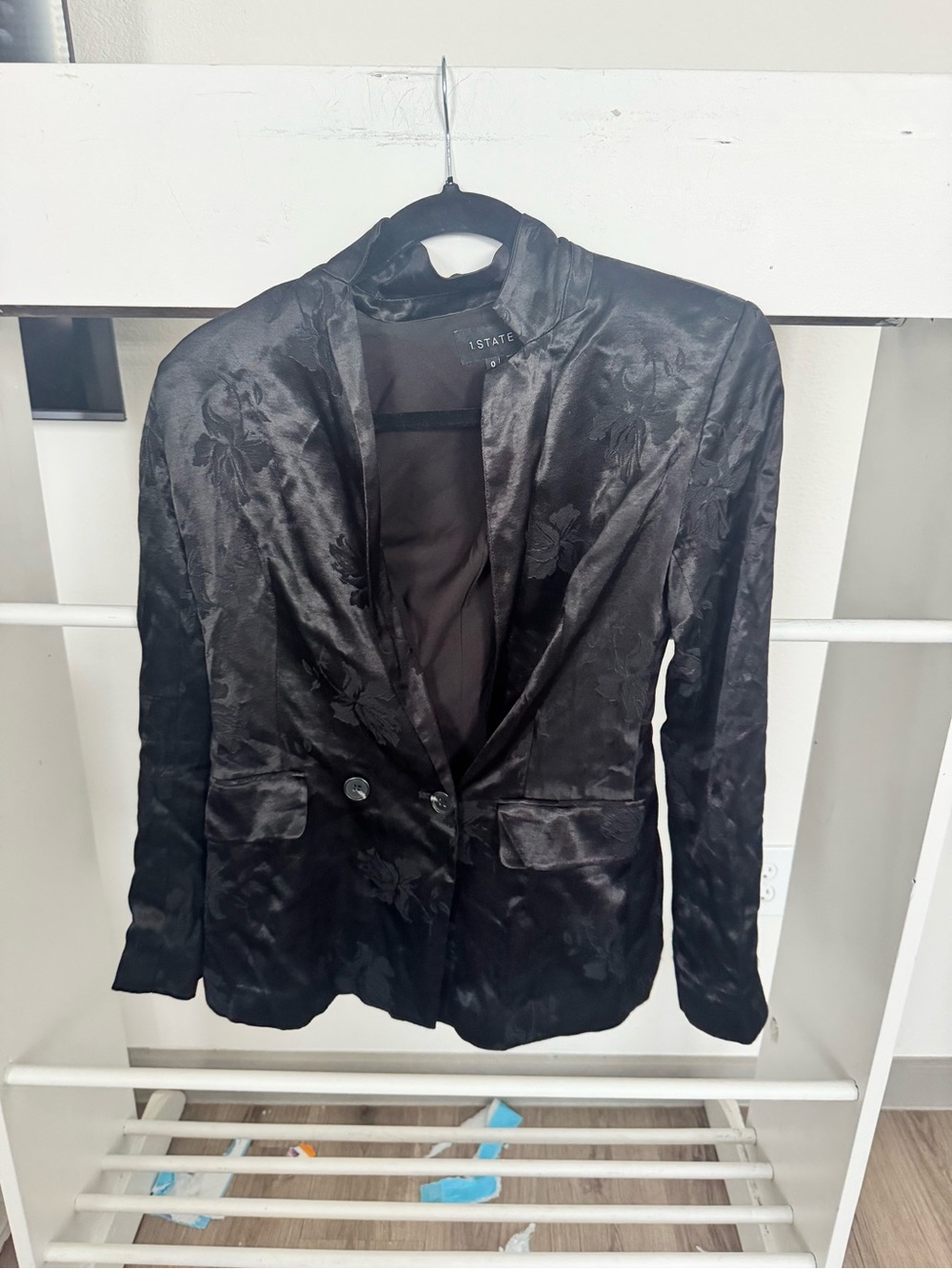 1. State Black Floral Jacquard Notch-Lapel Blazer